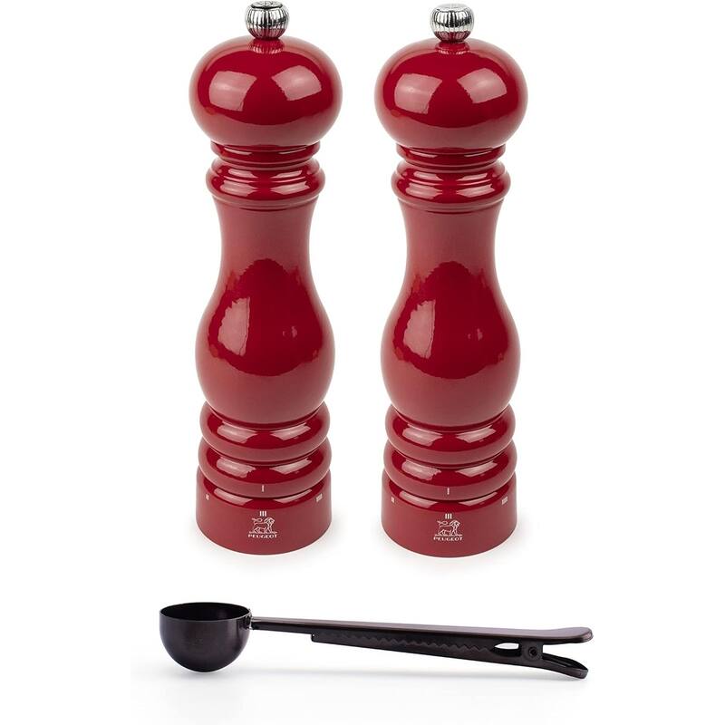 Peugeot Paris u'Select 9-inch Salt & Pepper Mill Gift Set, Passion Red - With Stainless Steel Spice Scoop/Bag Clip - Red - 3 Piece