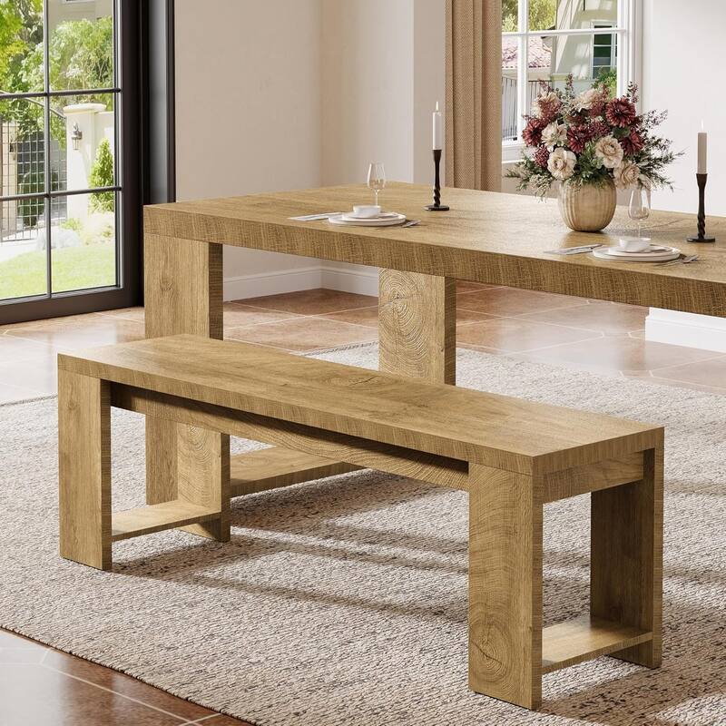47.2" Wooden Dining Bench, Modern Farmhouse End of Bed Bench for Bedroom Dining Room - Brown