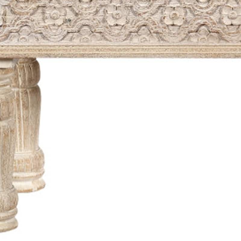 HomeRoots 58" White Floral Distressed Solid Wood Dining Bench - 58.00 in. x 18.00 in. x 16.00 in.