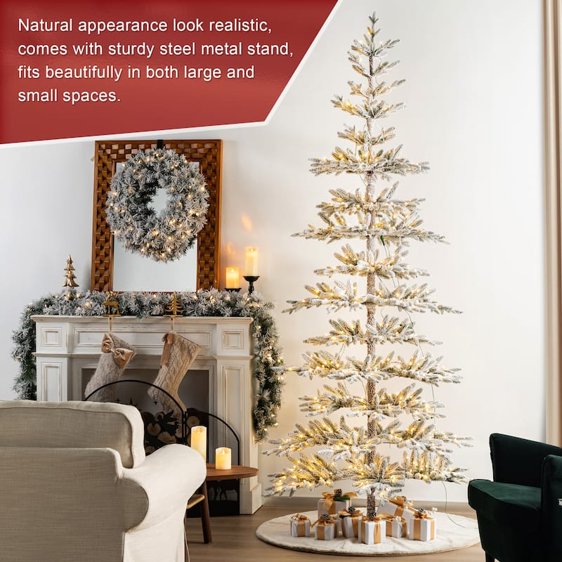 Glitzhome 6ft/7ft/9ft Deluxe Pre-Lit Flocked Slim Fir Artificial Christmas Tree with Warm White Lights