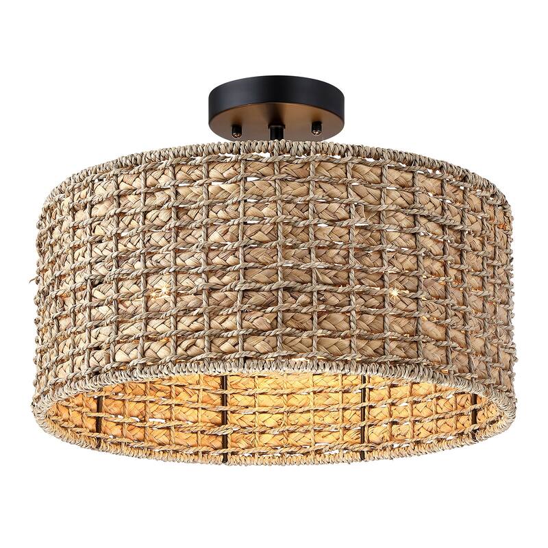 3-Light Rattan Drum Semi-Flush Mount Ceiling Light - 16'' W
