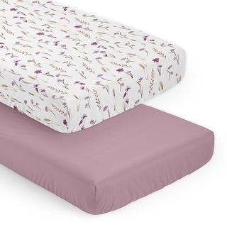 Sweet Jojo Designs Boho Floral Garden Flower Girl 2 Pack Fitted Crib Sheets Solid Purple and Watercolor Bohemian Farmhouse Chic