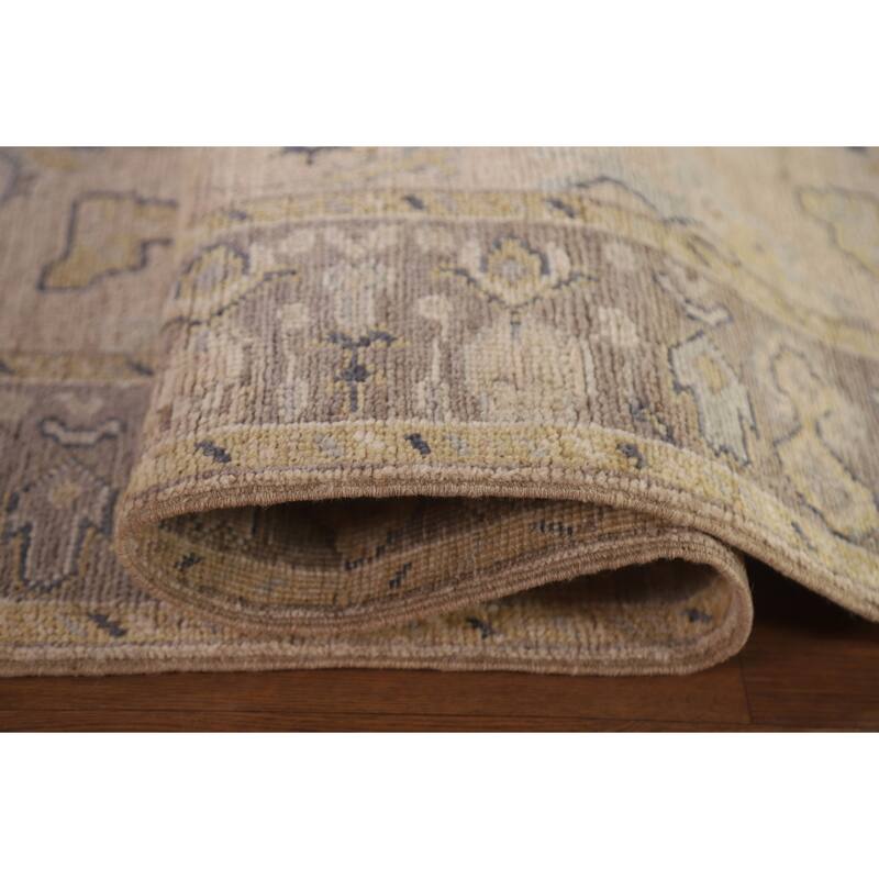 Hand Knotted Oriental 100% Wool Carpet Transitional Geometric Beige & Ivories Oushak Runner Rug - 9' 8'' X 2' 8''