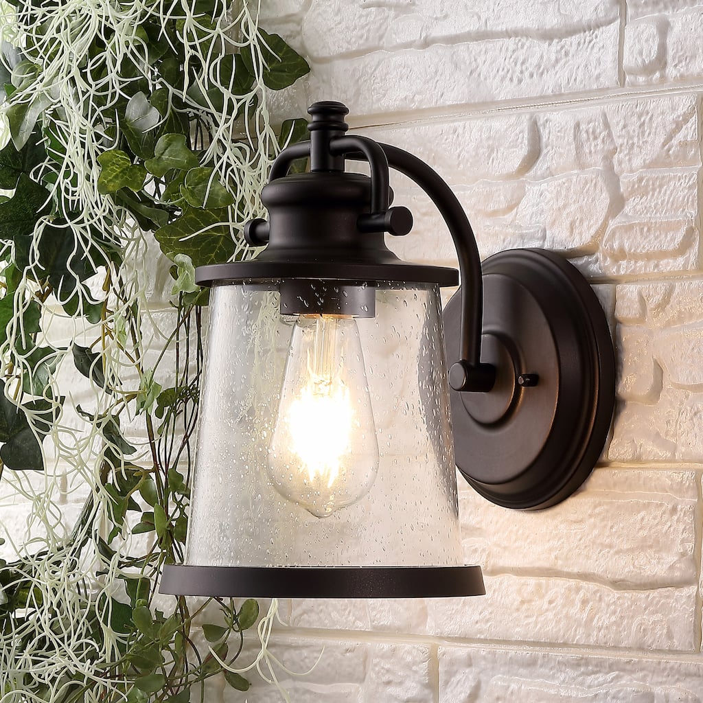 Marais 6.75" Iron/Seeded Glass Vintage Rustic LED Outdoor Lantern, Oil Rubbed Bronze by JONATHAN Y
