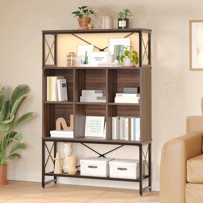 5-Shelf Bookcase with LED 6 Cubes Bookshelf with Adjustable shelves - 63 x 43 inches - Walnut