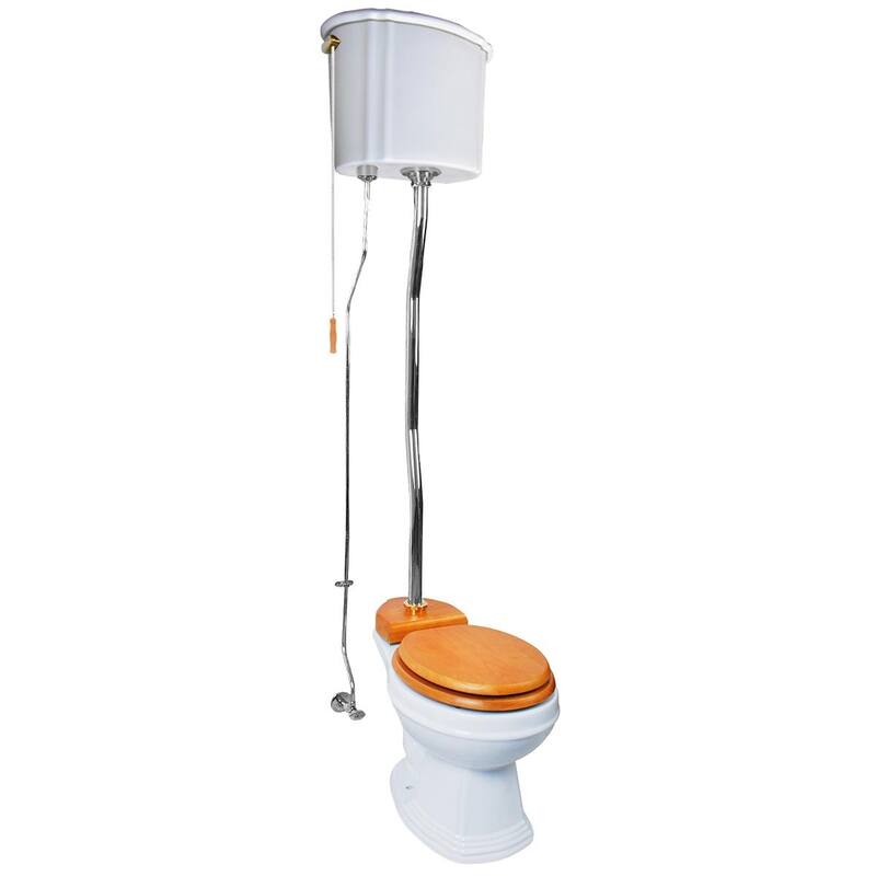 High Tank, Pull Chain Round Toilet White Ceramic Tank, Chrome Plated Z Pipe