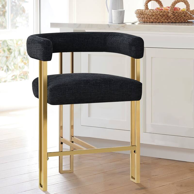 25" Seat Height Upholstered Chenille Gold Matel Counter Stool - Black-1-piece - Single