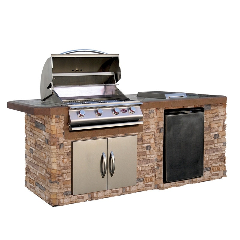 4 Burner 7 ft. Stone Veneer with Tile Top Propane Gas Grill Island in Stainless Steel