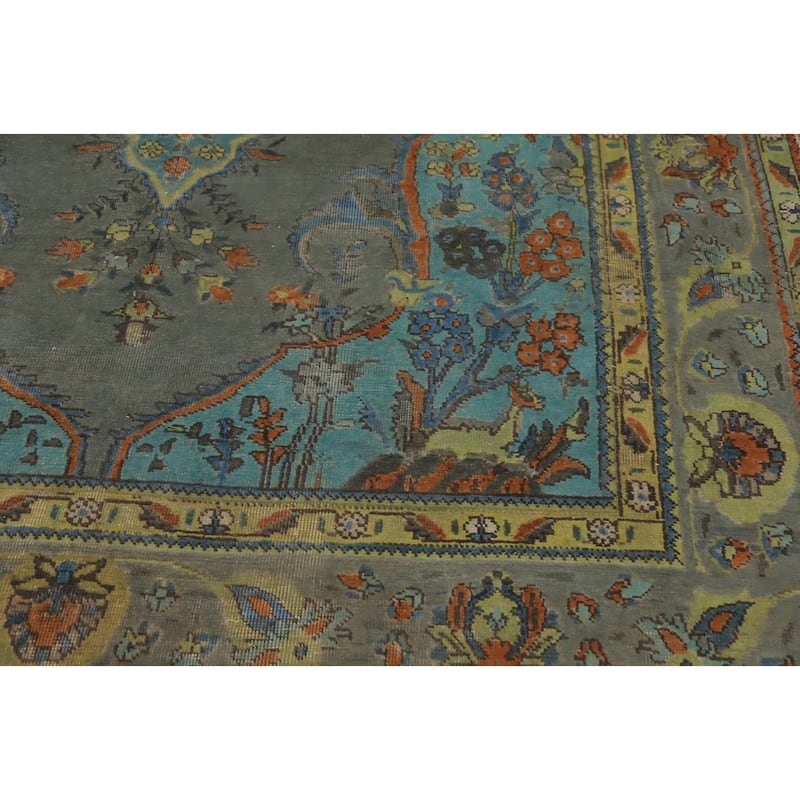 Hand Knotted Oriental 100% Wool Carpet Traditional Medallion Greys & Charcoal Tabriz Area Rug - 9' 7'' X 6' 7''