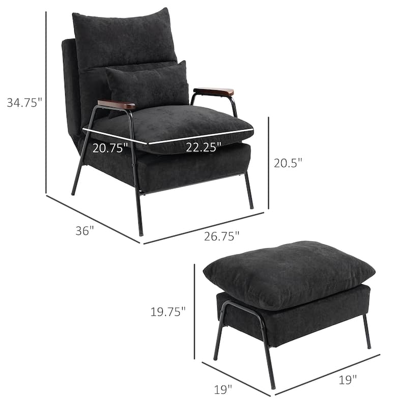HOMCOM Accent Chair with Ottoman, Reclining Comfy Chair with Adjustable Backrest, Steel Frame and Pillow, Light Grey