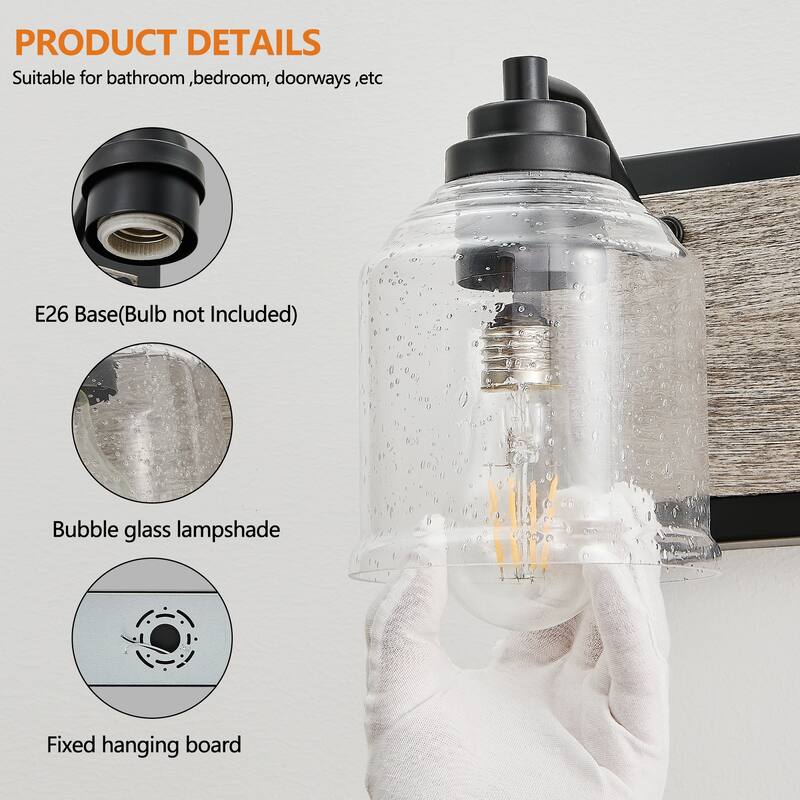 23" Farmhouse Vanity Light Fixture, 3-Light Bathroom Wall Sconce with Clear Seeded Glass Shades, Black and Wood Grain Finish