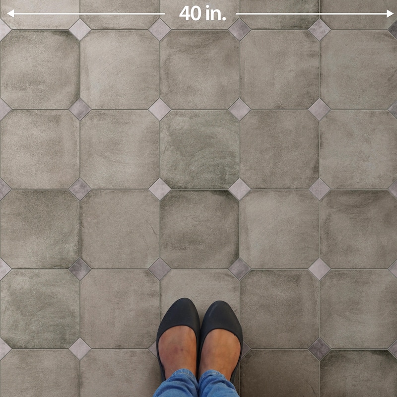 Merola Tile Laverton Octagon Grafito with Taco Gris 7-7/8" x 7-7/8" Porcelain Floor and Wall Tile