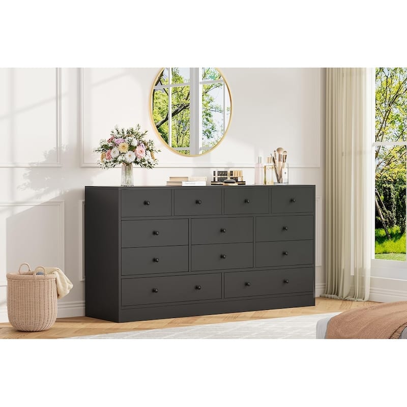 Dresser for Bedroom,12 Drawer Dressers & Chests of Drawers, Wood Storage Drawer Dresser with Power Outlet - Black