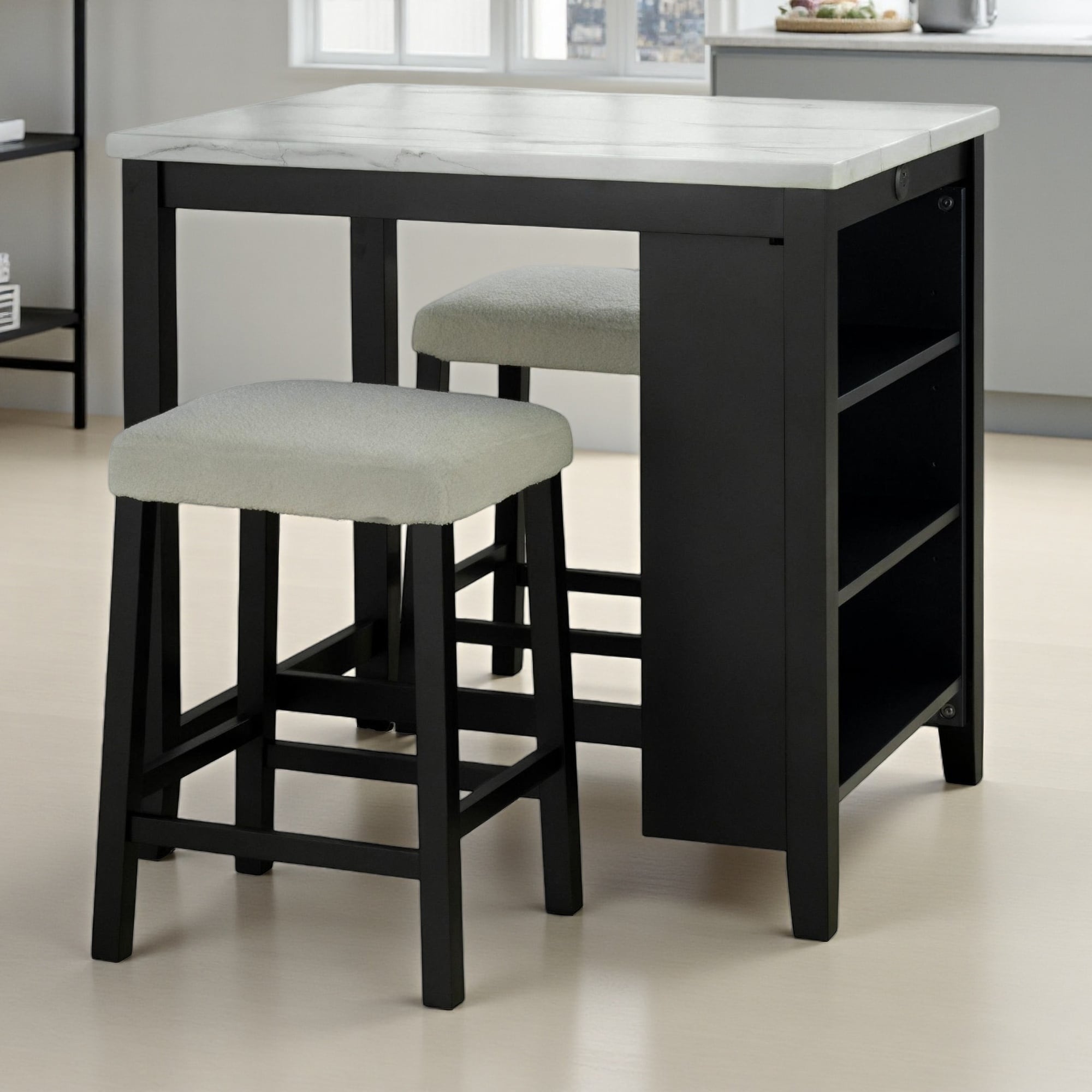 3-Piece Dining Set 36"L with Storage Shelves, 2 Stools, USB-A & USB-C, Boucle Cushions