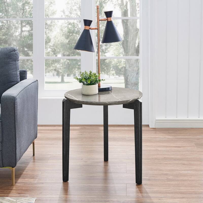 Living Room Coffee Table: Modern and stylish 24 inch round small coffee table, imitation marble tabletop - Black+ Gray