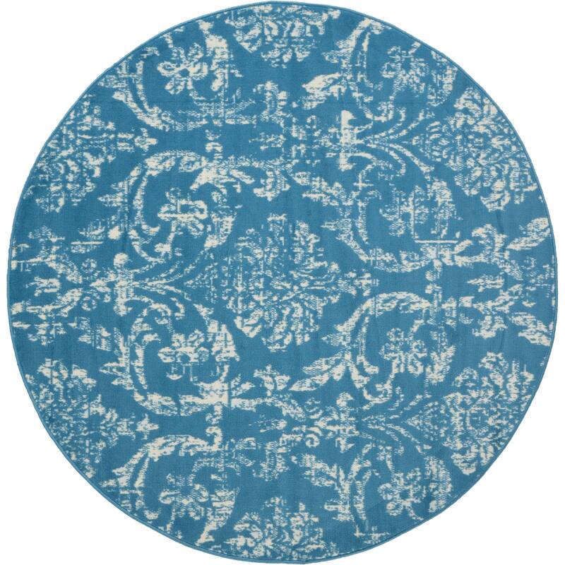 Nourison Jane Farmhouse Vintage Indoor only Damask Area Rug - 5'3" x Round - Blue