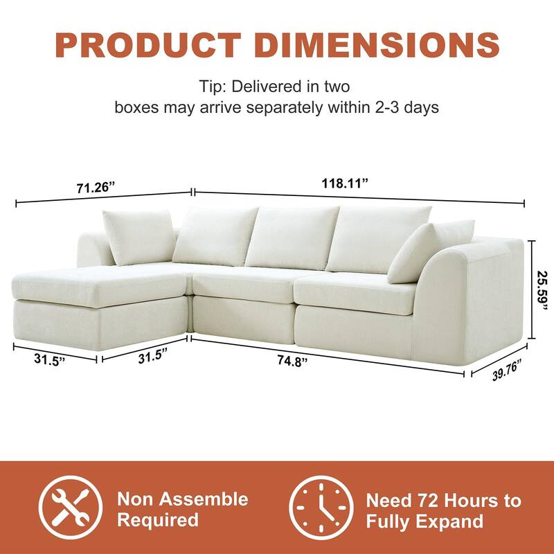 118 inch Oversized 3 Seater Deep Seat L-Shaped Sectional Couches Cloud Chenille Modular Boneless Sofa with Movable Ottoman