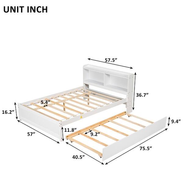 Full Size Bed with Pull-Out Trundle and Integrated Bookcase Headboard, Space-Saving Design