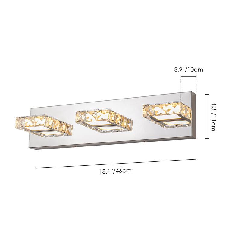 3-Light Modern Chrome Crystal Wall Light Square Integrated LED 3000K Bathroom Vanity Light