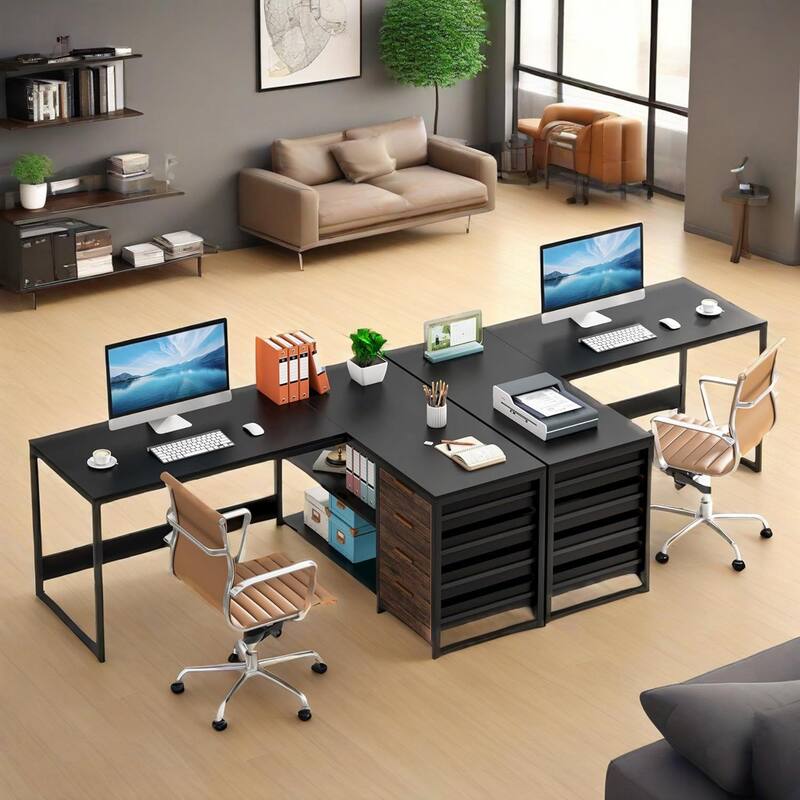 Reversible L-Shaped Computer Desk with Storage Drawers and Metal Frame for Home or Office Use