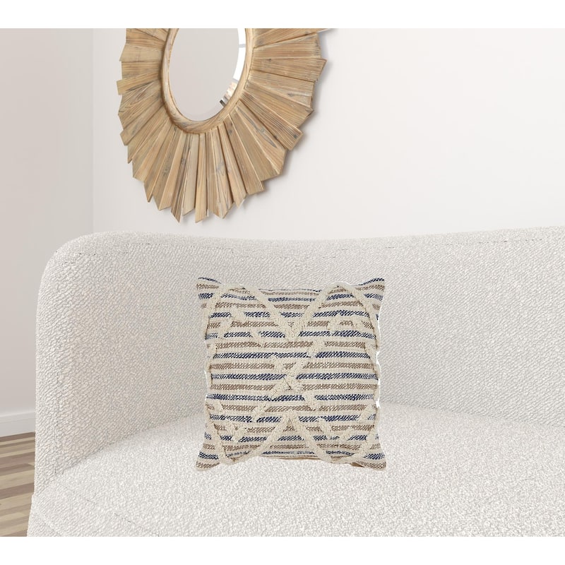 HomeRoots 18" X 18" Blue and Beige Striped Cotton Zippered Pillow