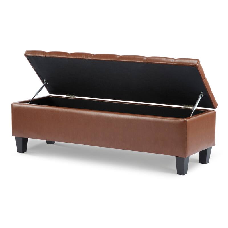Roomfitters Tufted Storage Ottoman Bench, Faux Leather Upholstered Seat with Wood Legs, Entryway or Bedroom Use