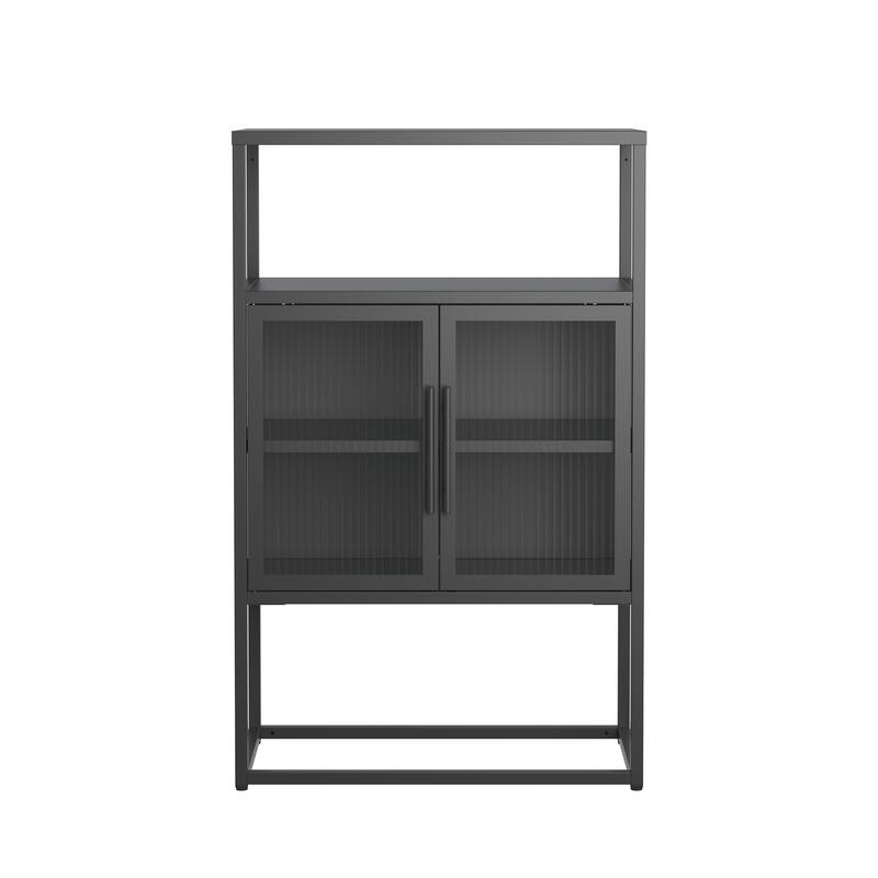 Benvolio 41.34-inch Black Two Door Metal Storage Cabinet with Fluted Clear Doors and Above Cabinet Display - 41.34