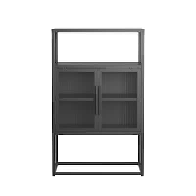 Benvolio 41.34-inch Black Two Door Metal Storage Cabinet with Fluted Clear Doors and Above Cabinet Display - 41.34