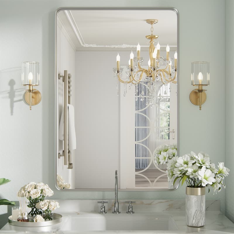Wall Mirror Vanity Mirror Bathroom Mirror with Round Corner (1 Piece) - 16W * 24H Inches - Silver