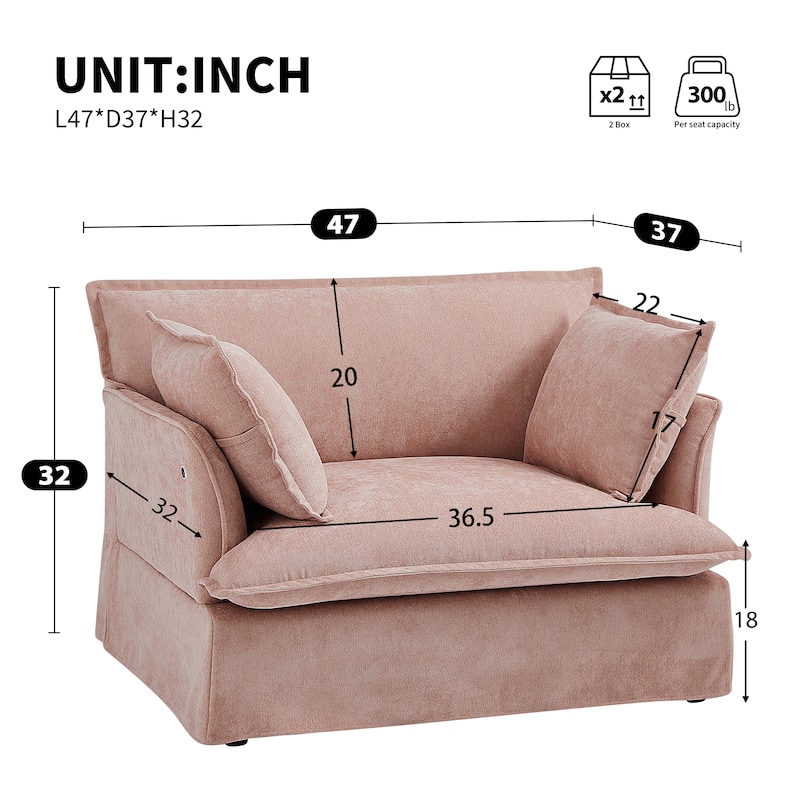 47.2" Oversized Single Sofa Chair Accent Chair with Charging Ports, Chenille Armchair Lounge Chair for Living Room Apartment