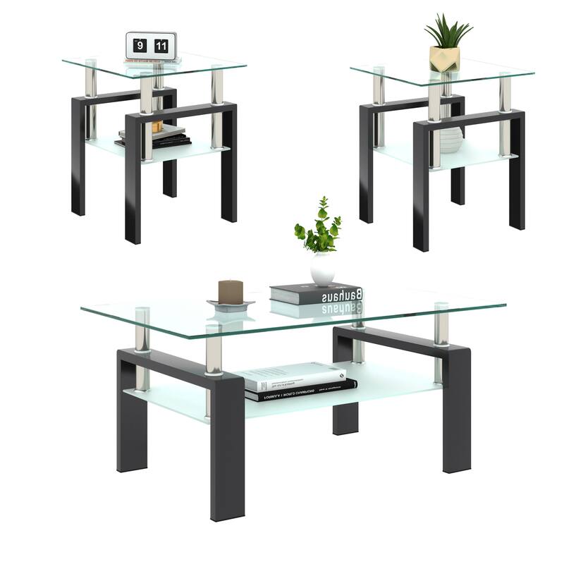 Set of 2 Tempered Glass Coffee Table End Table Set