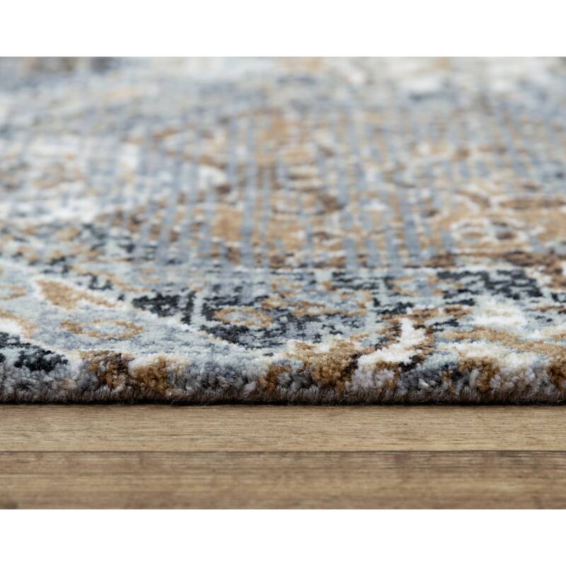 Alora Decor Elect Beige, Tan, Grey, Blue, and Ivory Hexagon Floral Rug