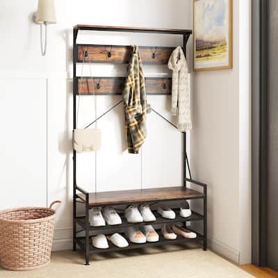 Rustic Brown 4-in-1 Hall Tree with Shoe Bench Coat Hooks Top Shelf and Metal Frame for Entryway Use - 40" x 16" x 72.5"