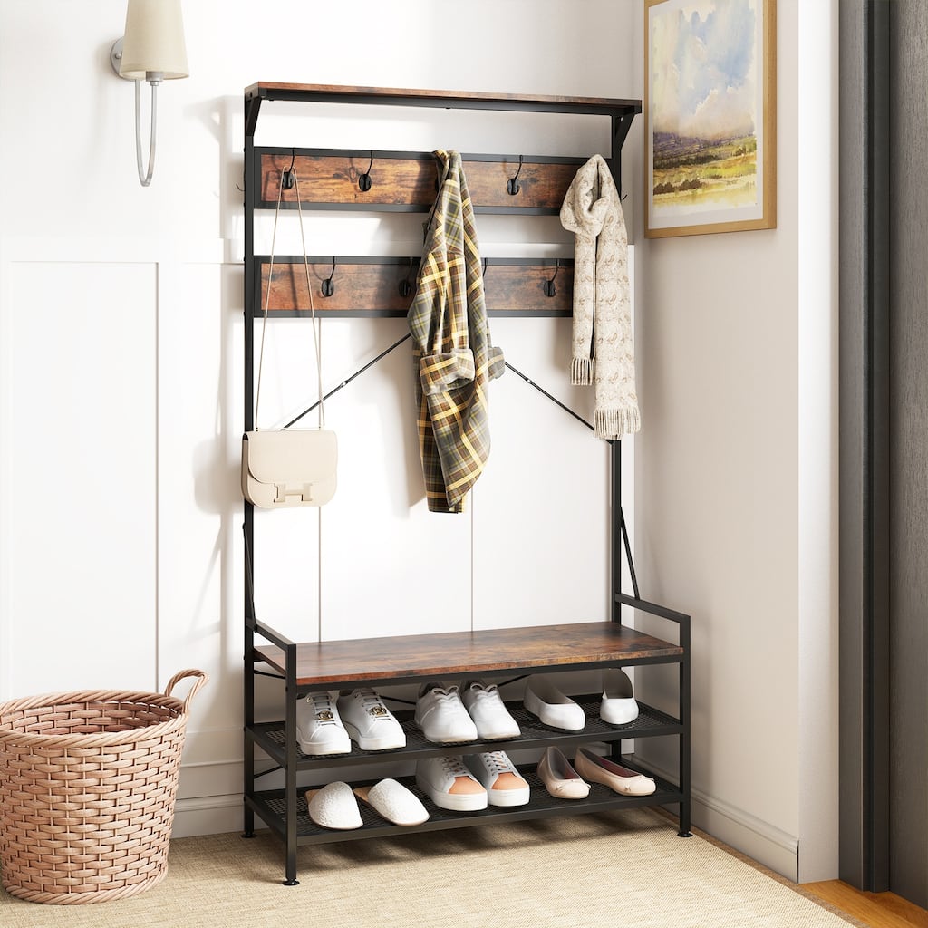 Rustic Brown 4-in-1 Hall Tree with Shoe Bench Coat Hooks Top Shelf and Metal Frame for Entryway Use - 40" x 16" x 72.5"