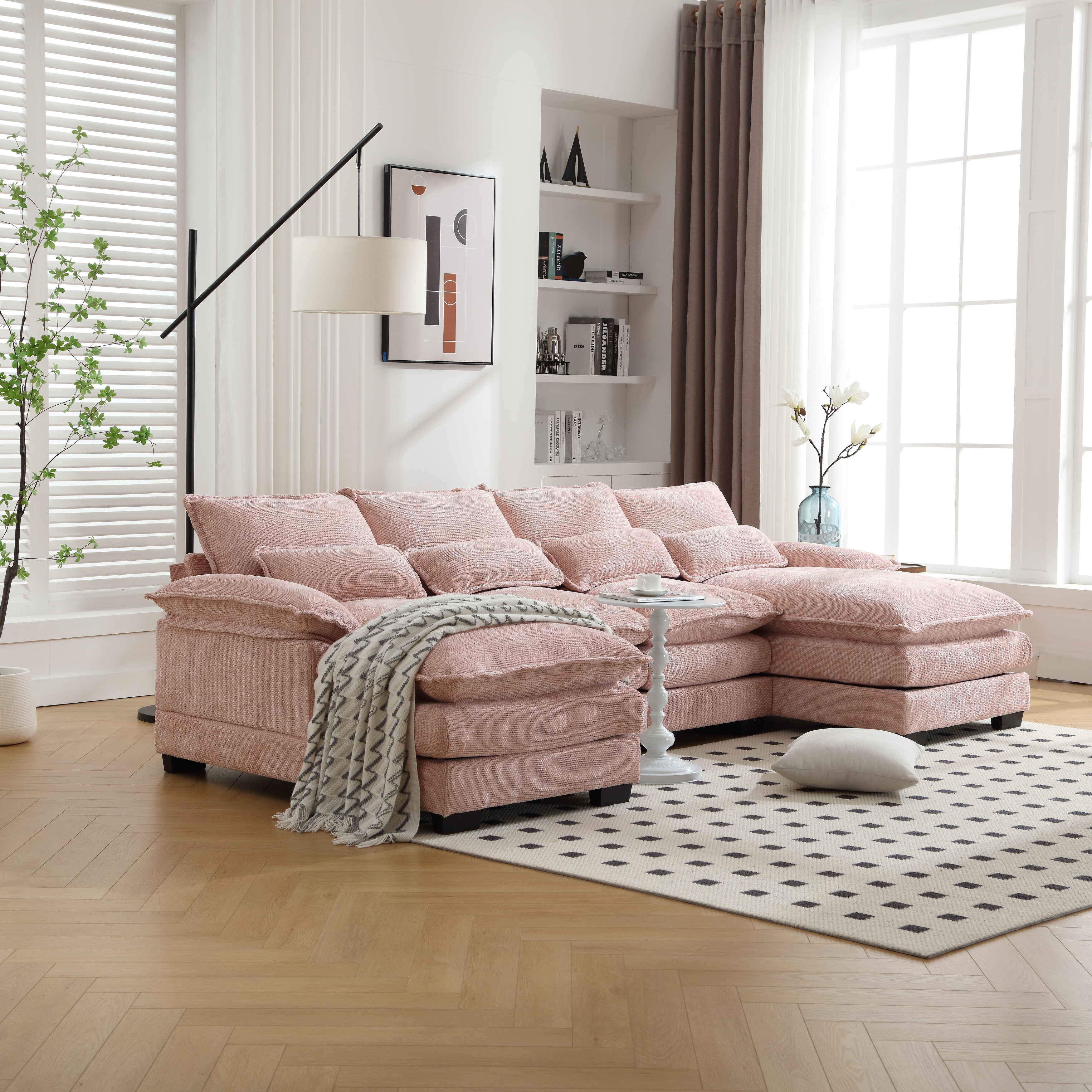 Large Chenille Fabric Sofa U Shape Pink Sectional Sofa w Double Extra Wide Chaise Lounges Livingroom Deep Seat Sleeper Couch