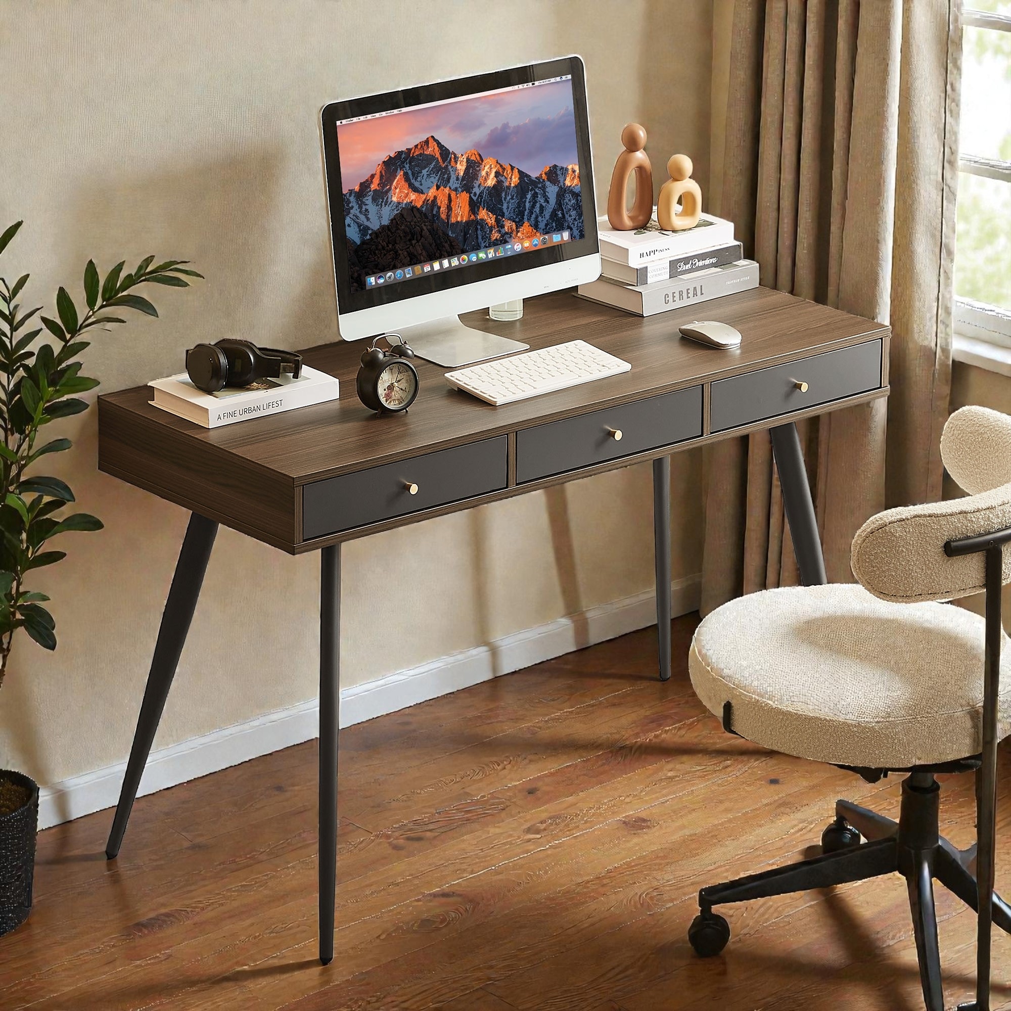 Writing Study Desk with Three Drawers, Home Office Computer Desk with Wide Desktop for Study Bedroom Workspace