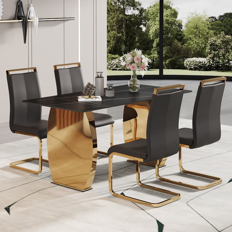Modern Dining Set with Sintered Stone Table & PU High Back Chairs - 5-Piece Sets - Black
