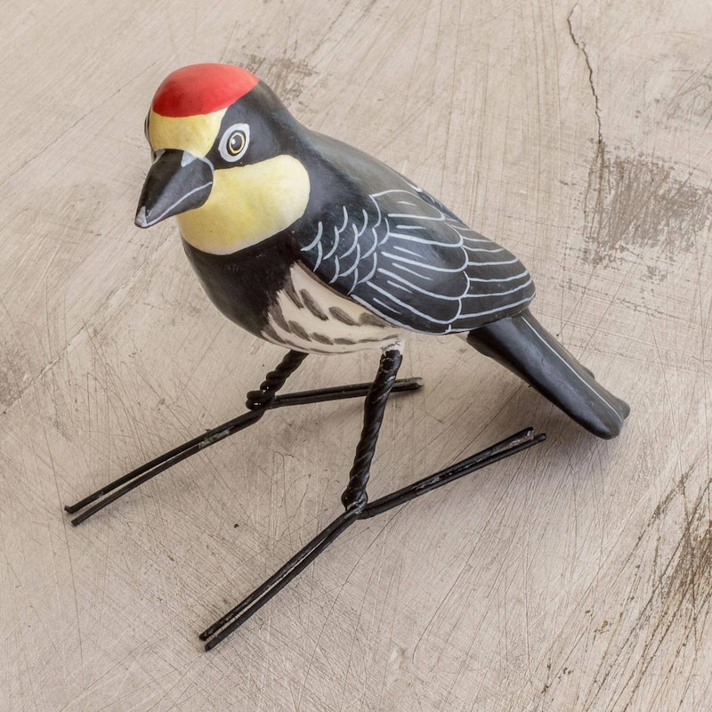Novica Handmade Acorn Woodpecker Ceramic Figurine - 5" L x 1.8" W x 3" D