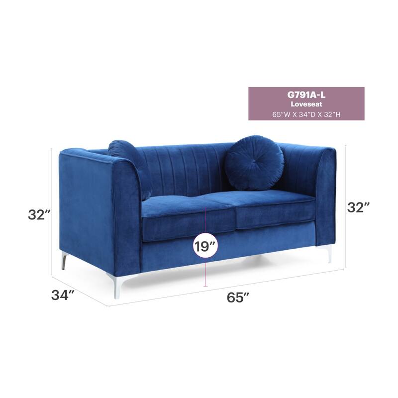 Roomfitters Velvet Loveseat, Sloped Arms, Channel-Tufted 2-Seater Sofa, Modern Glam Couch, Silver Metal Legs - Navy Blue