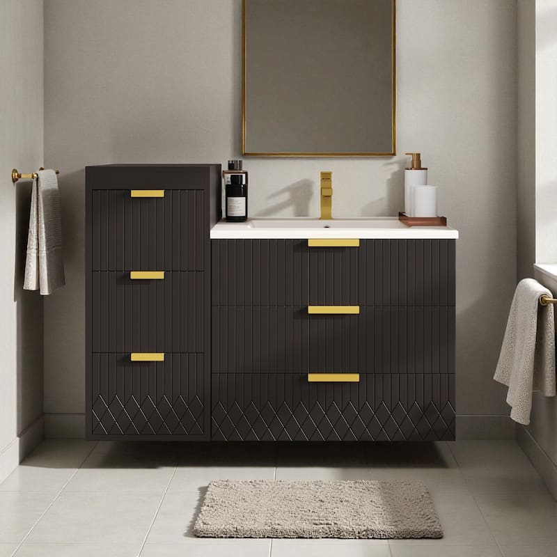 24" Wall Mounted Floating Bathroom Vanity with Side Cabinet, Modern Rectangular Sink with Overflow and Single Faucet Hole