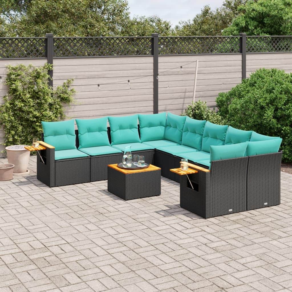 vidaXL 9 Piece Patio Sofa Set with Cushions Black Poly Rattan - 21.7x27.2x24.4