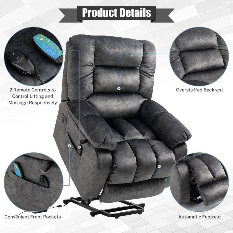 Power Lift Recliner Chair, Heat & Massage,Remote Control,Side Pocket