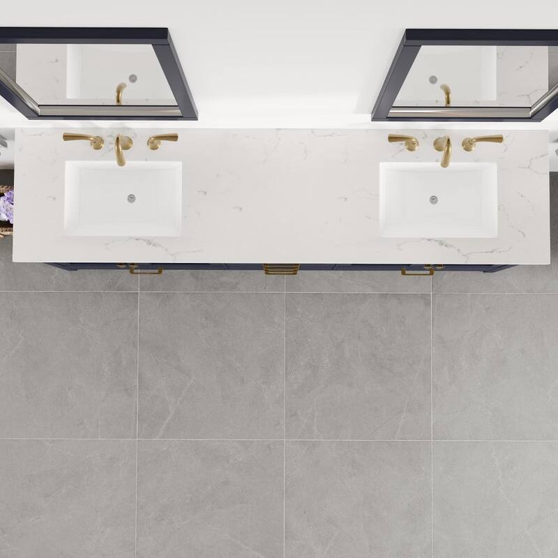 Aberdeen 84"W Blue DS Bath Vanity with Carrara Quartz Top