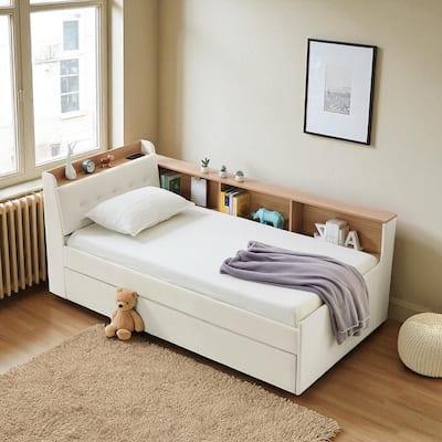 Twin Size Velvet Upholstered Daybed with Storage Headboard, Pop-up Trundle, LED Lights & Wireless Charging