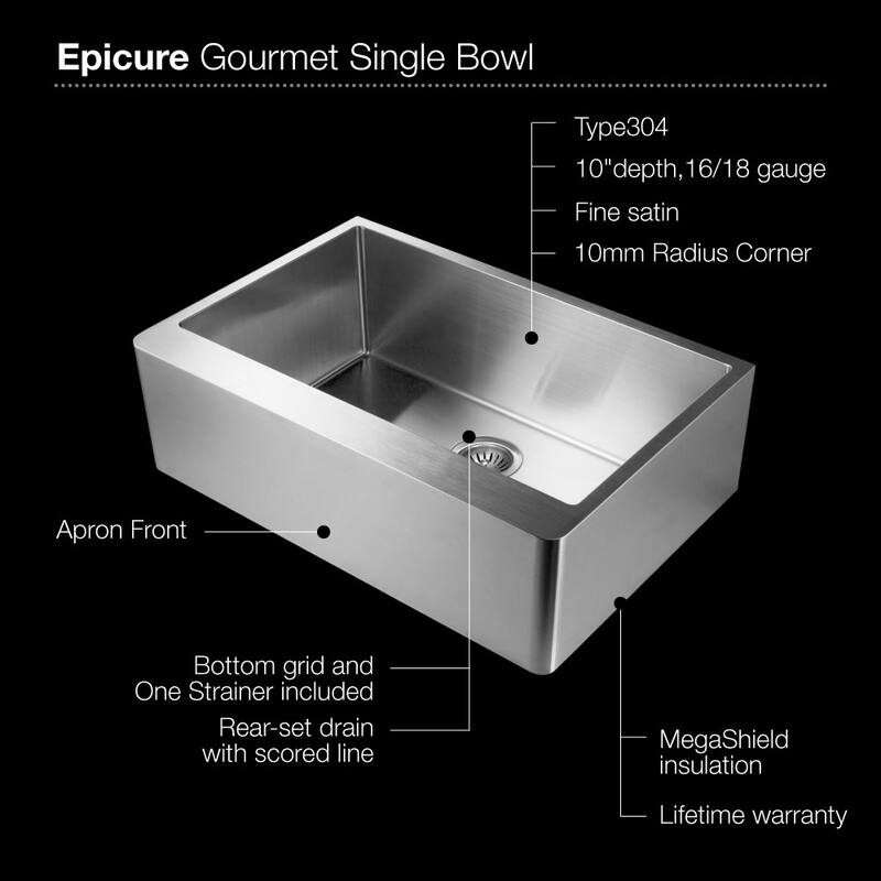 Houzer Epicure 30" Single Basin 18 Gauge Kitchen Sink for Farmhouse
