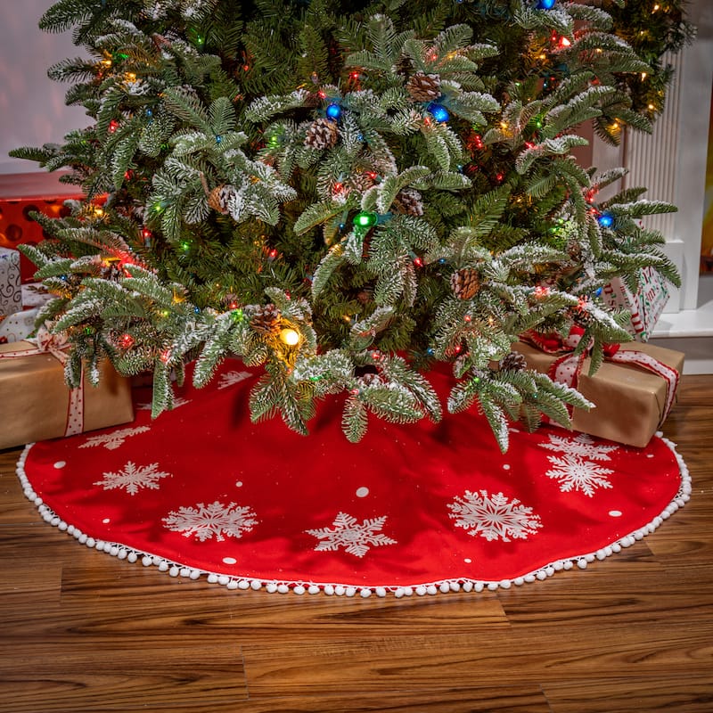 Red and White Snowflake Christmas Pompoms Tree Skirt,