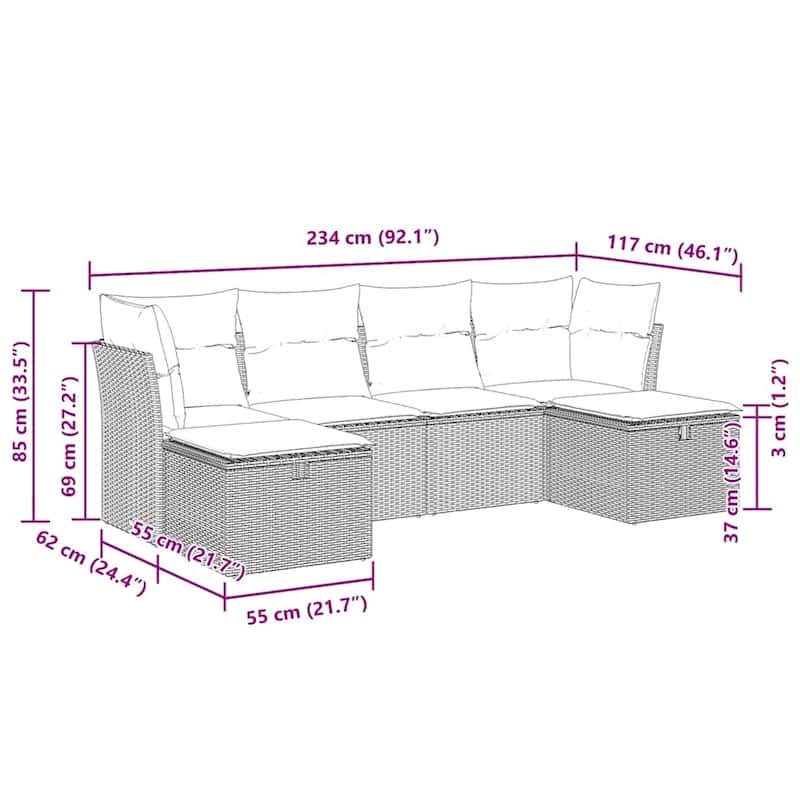vidaXL Patio Sofa Set with Cushions Outdoor Furniture 6 Piece Poly Rattan