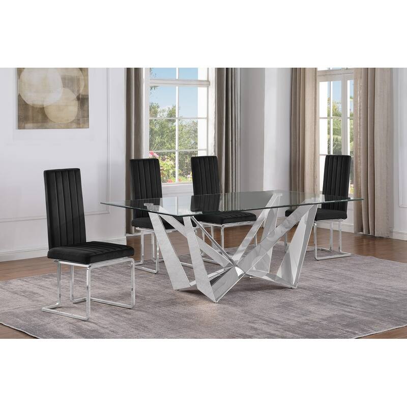 Best Quality Furniture D400/1-SC340-7 Dining Set with 78" 12mm Glass with Bevel - 5-Piece - Black / Silver