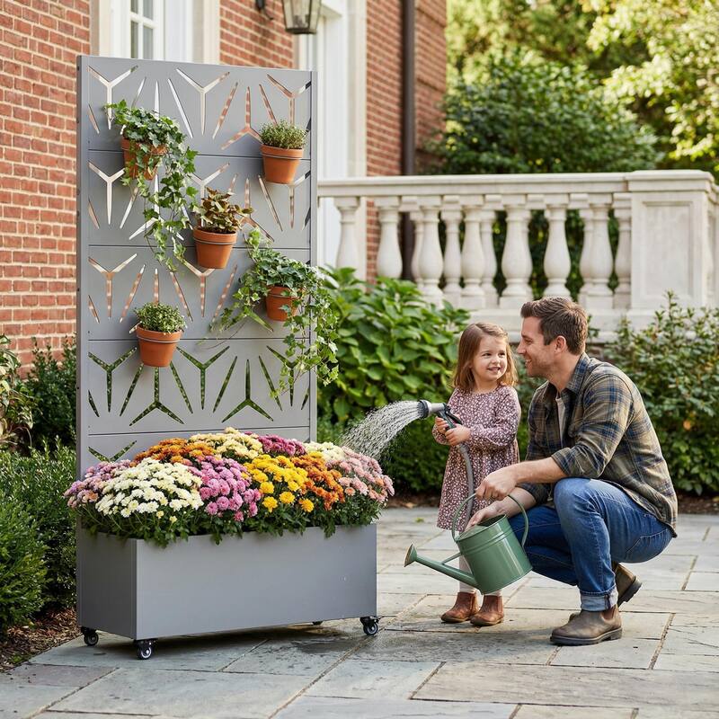 Metal Galvanized Planter Box with Trellis Privacy Screen Lockable Wheels