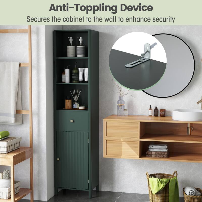 Modern Tall Bathroom Storage Cabinet with Drawer Adjustable Shelves and Wave Fluted Door Green - 16" x 12" x 67"